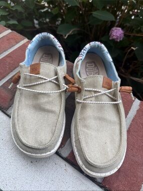 Hey Dude Kids Beige Canvas Slip-On Loafers with Tan Accents